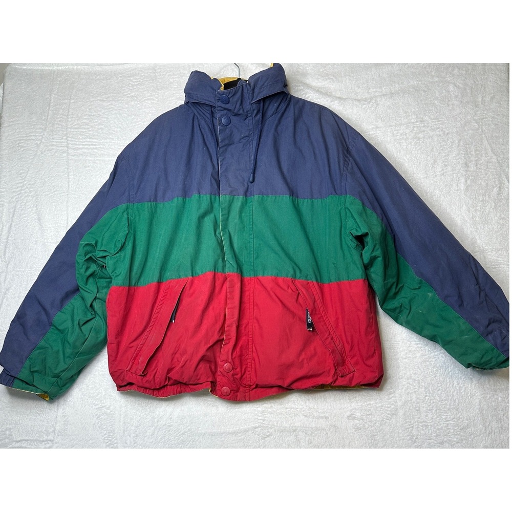 Nautica Reversible Vintage Down Puffer Jacket Mens Large Multicolor Colorblock